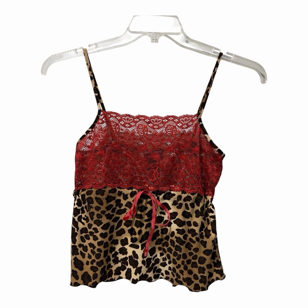 Bisou‎ Bisou Michele Bohbot Ruffle Cami Top Blouse Y2K Small Red Lace Animal